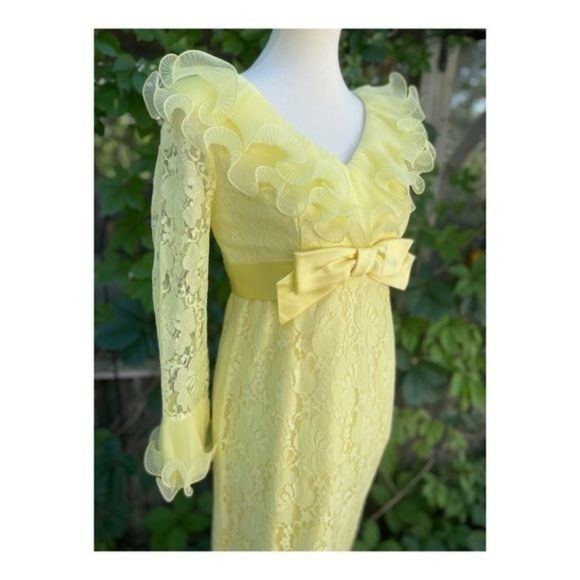 1950s Prom Dress Formal Sunny Yellow Evening Wedding Lace Bow Maxi Cupcake - Picture 16 of 16